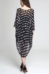 Model wearing black chiffon kimono with hearts & circle shapes